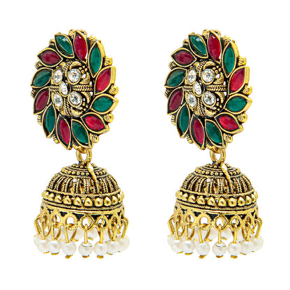 Shining Jewel Gold Plated Antique Oxidised Traditional Ethnic Jhumka With CZ & Pearls Earrings for Women (SJ_1954)