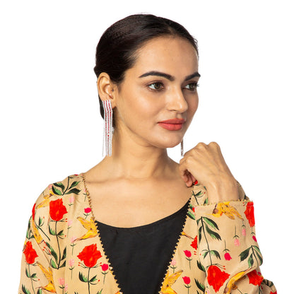 Crystal and AD Red Silver Plated Fancy Western Style Cocktail Chandelier Long Shoulder Duster earrings for women (SJ_1957_S.R)