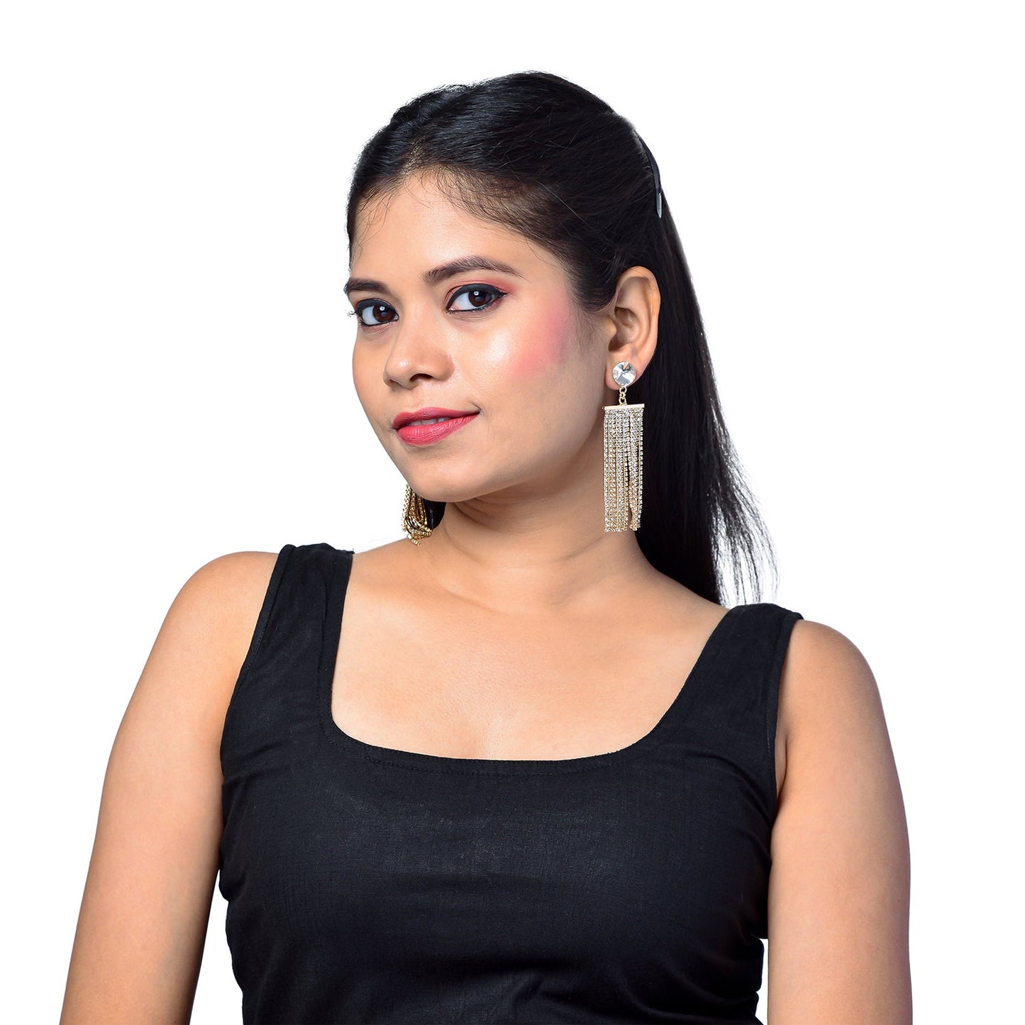 Shining Jewel Crystal and AD Gold Plated Fancy Western Style Cocktail Chandelier Long Shoulder Duster earrings for women (SJ_1958_G)