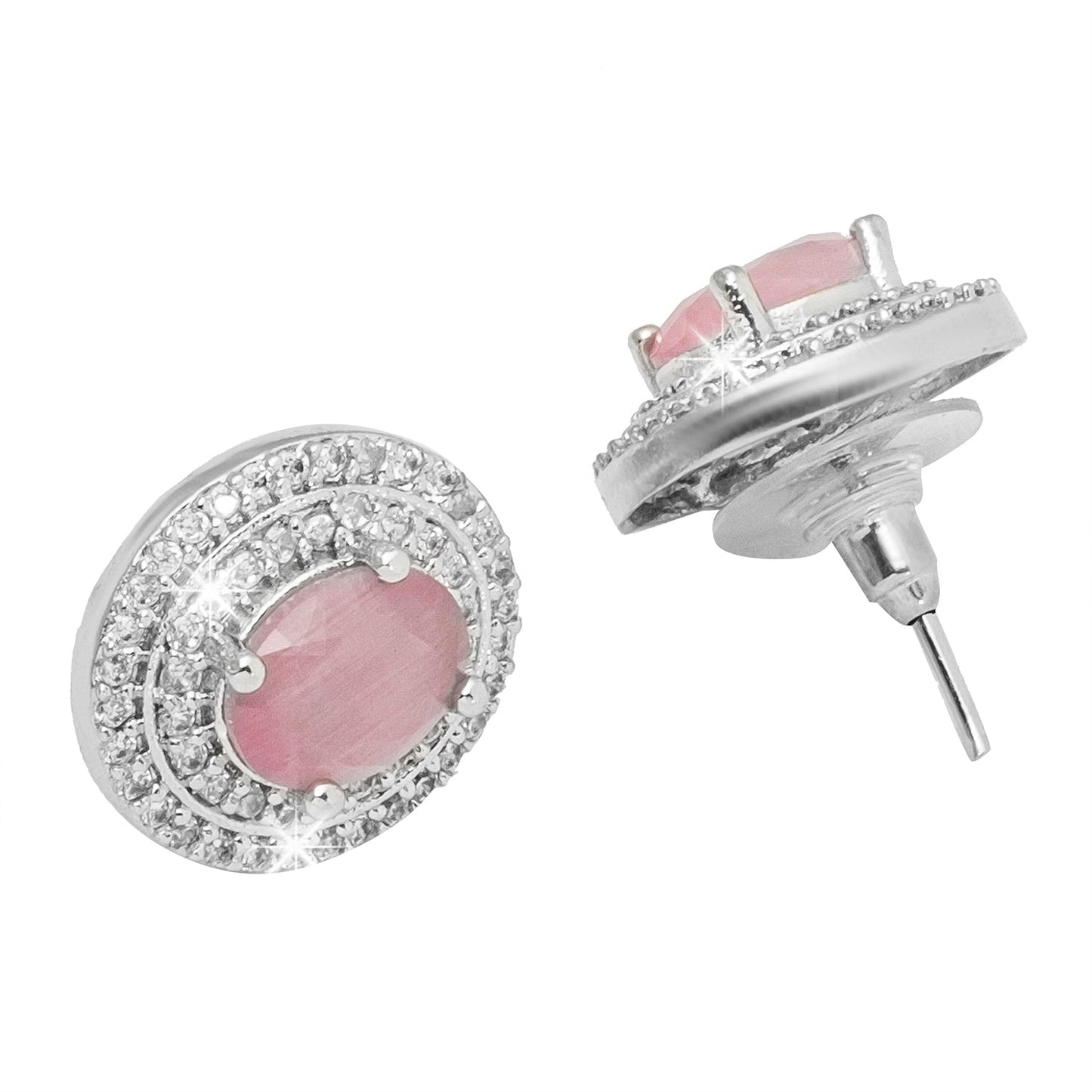 Shining Jewel Traditional CZ and American Diamond Studded Silver Plated Pink Stone Stud Earrings for Women (SJ_1960_S_P)