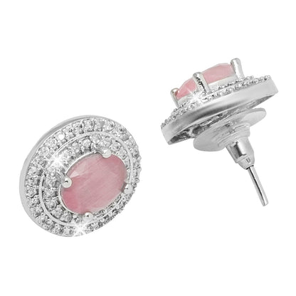 Shining Jewel Traditional CZ and American Diamond Studded Silver Plated Pink Stone Stud Earrings for Women (SJ_1960_S_P)