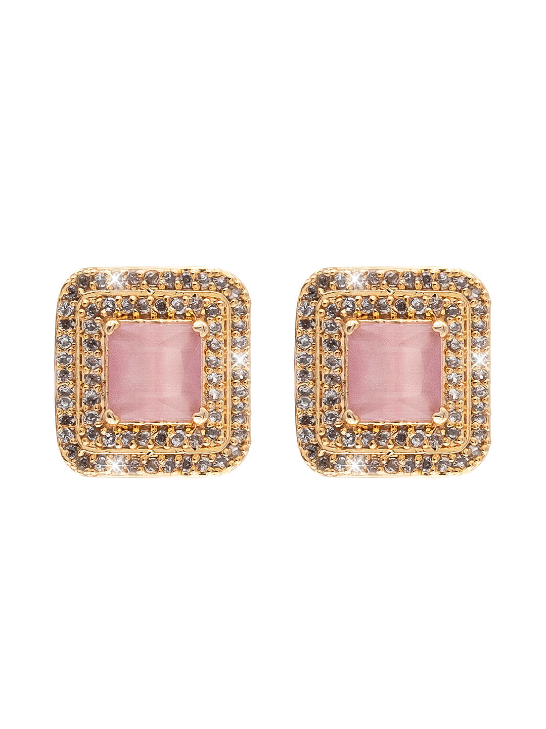 Traditional CZ and American Diamond Studded Rose Gold Plated Royal Pink Stone Stud Earrings for Women (SJ_1961_RG_P)