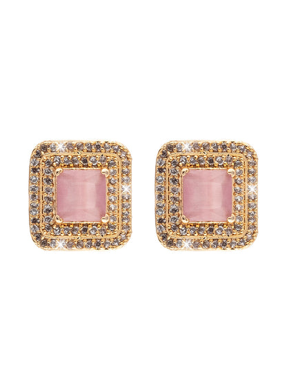 Traditional CZ and American Diamond Studded Rose Gold Plated Royal Pink Stone Stud Earrings for Women (SJ_1961_RG_P)