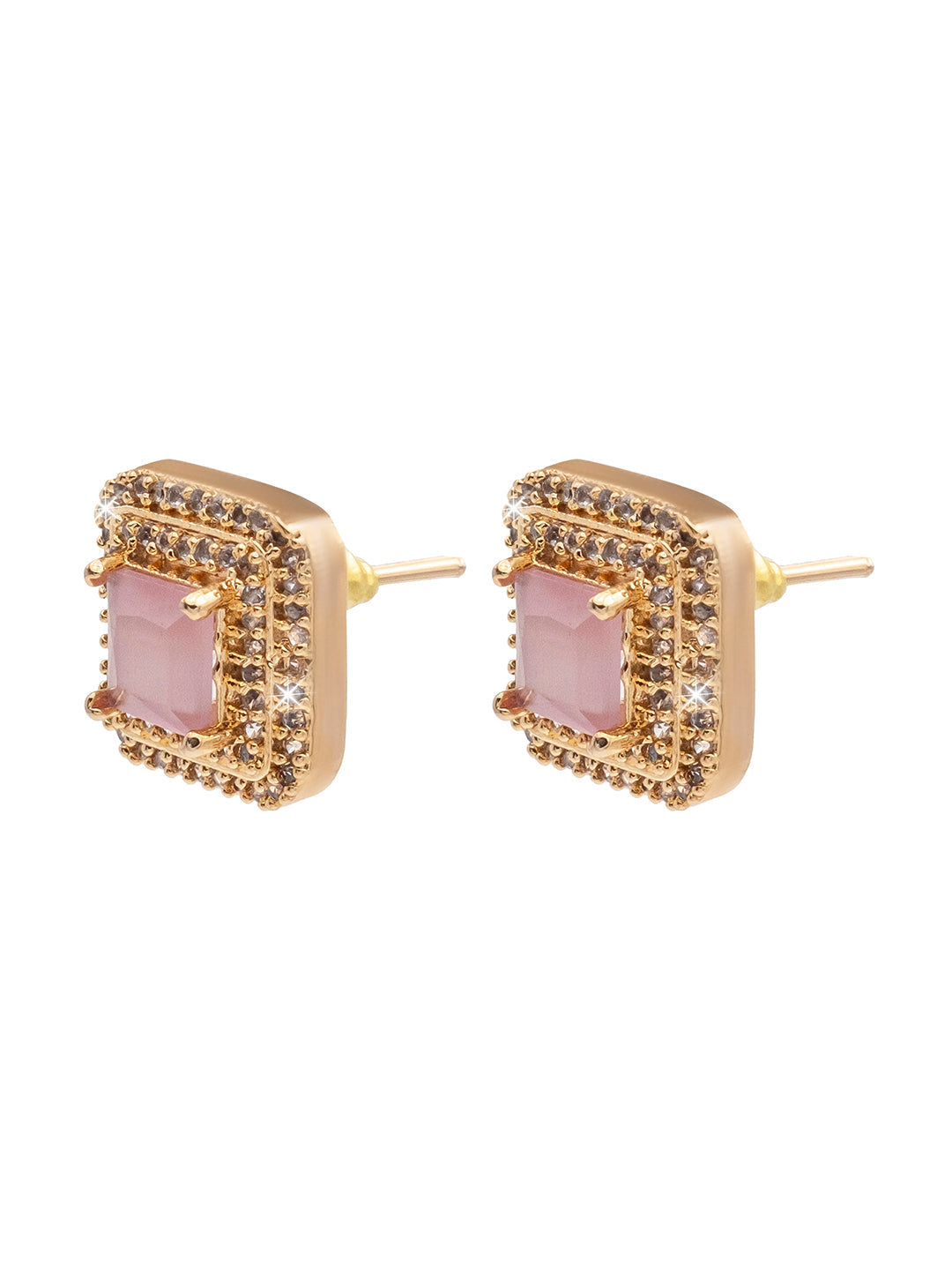 Traditional CZ and American Diamond Studded Rose Gold Plated Royal Pink Stone Stud Earrings for Women (SJ_1961_RG_P)