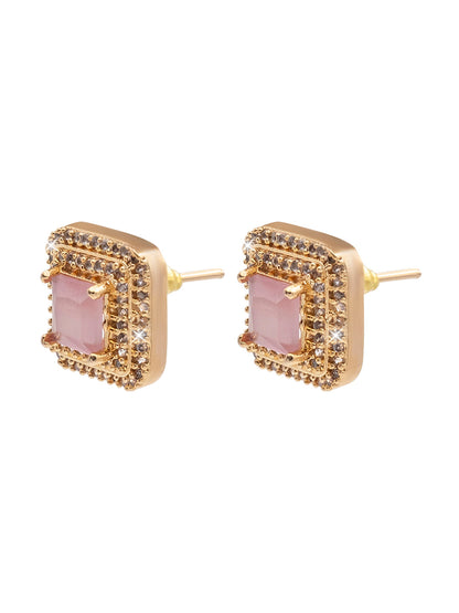Traditional CZ and American Diamond Studded Rose Gold Plated Royal Pink Stone Stud Earrings for Women (SJ_1961_RG_P)