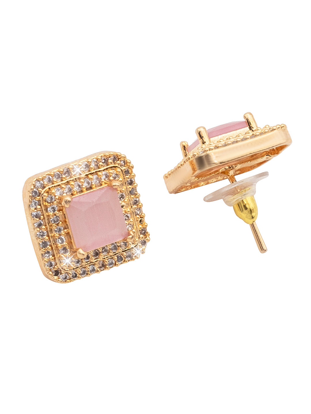 Traditional CZ and American Diamond Studded Rose Gold Plated Royal Pink Stone Stud Earrings for Women (SJ_1961_RG_P)