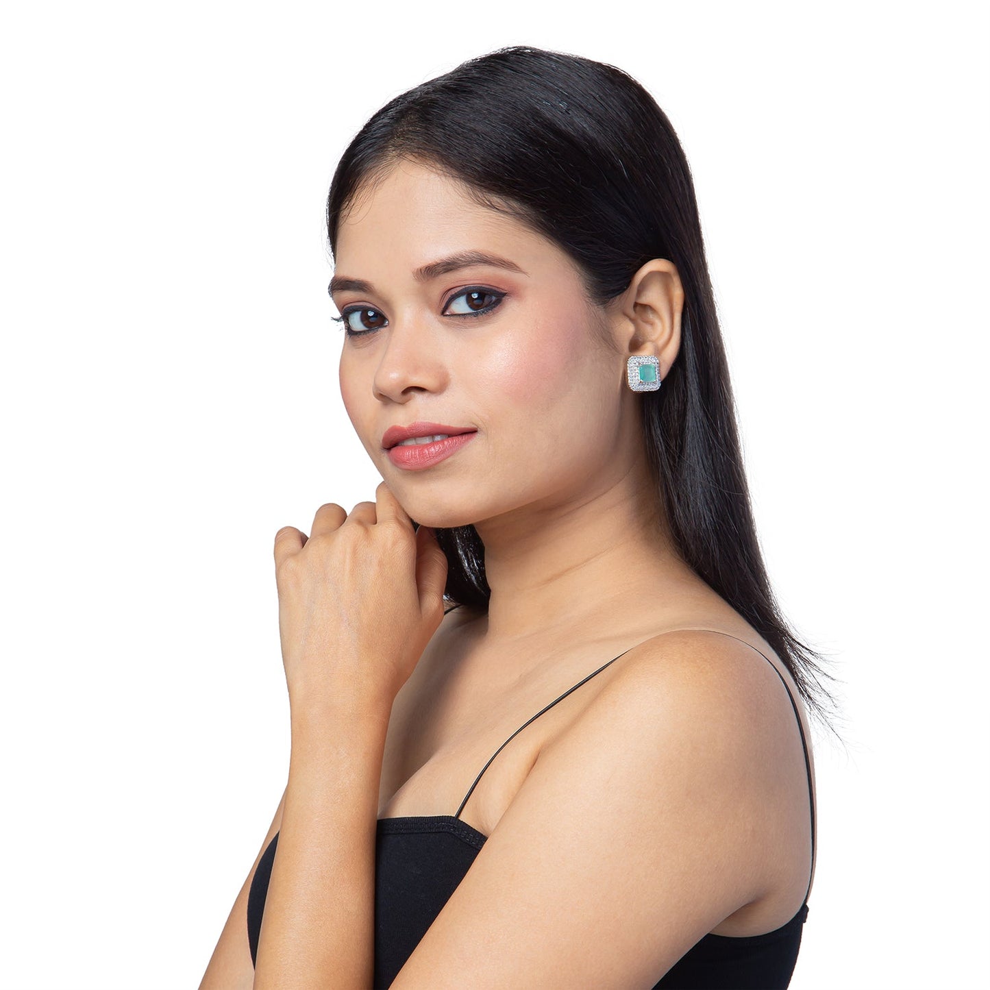 Shining Jewel Traditional CZ and  American Diamond Studded Silver Plated  Mint Green Stone Stud Earrings for Women  (SJ_1961_S_LG)