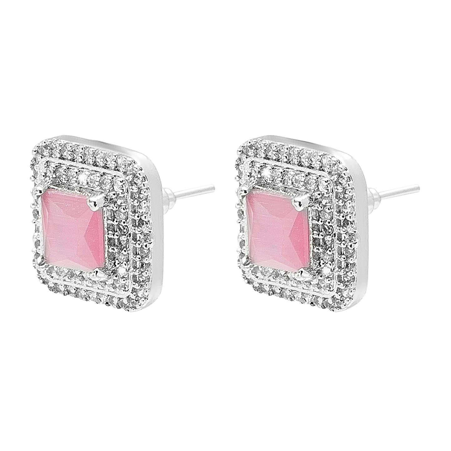Shining Jewel Traditional CZ and  American Diamond Studded Silver Plated  Pink Stone Stud Earrings for Women  (SJ_1961_S_P)