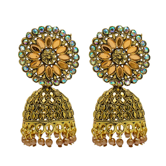 Shining Jewel Antique Gold Plated Antique Oxidised Traditional Ethnic Jhumka With CZ & Pearls Earrings for Women (SJ_1967)