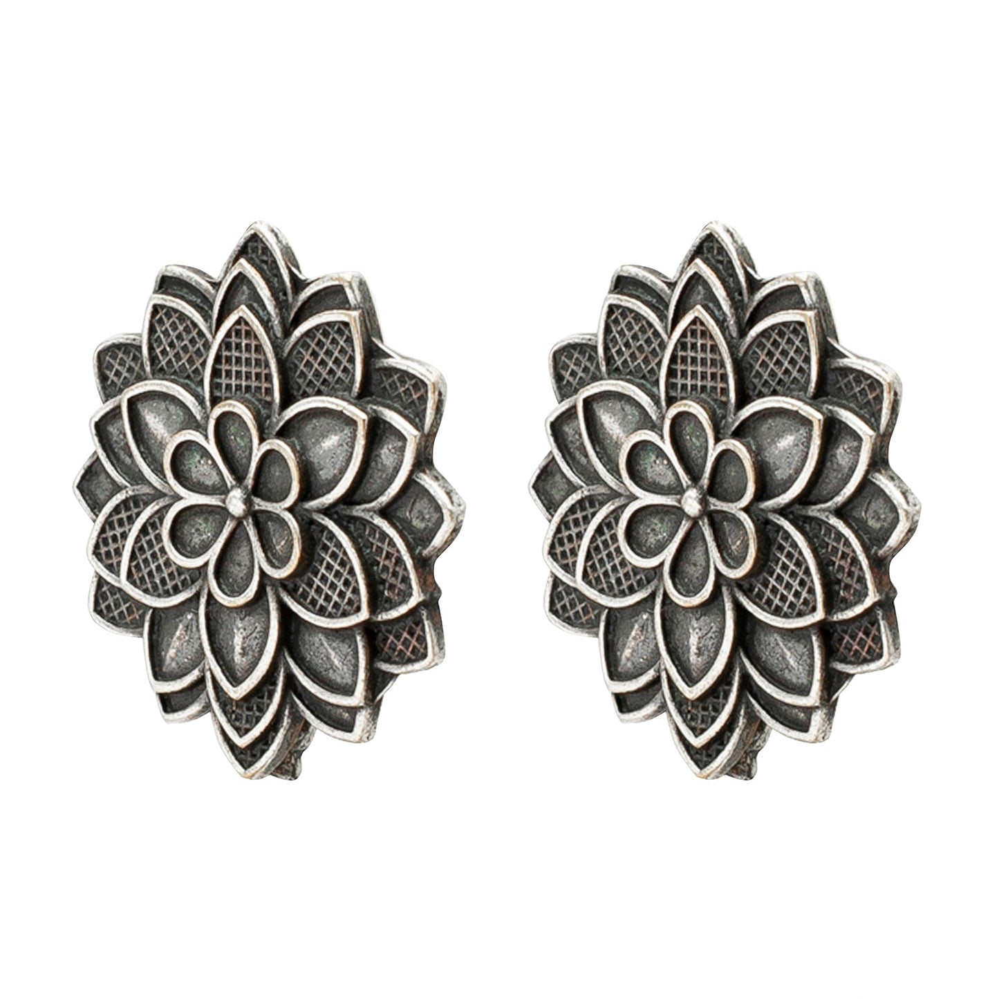 Shining Jewel Antique Silver Oxidised Lotus Kamal Big Sized Stud Earrings for Women (SJ_1980)