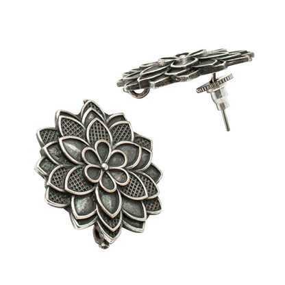 Shining Jewel Antique Silver Oxidised Lotus Kamal Big Sized Stud Earrings for Women (SJ_1980)