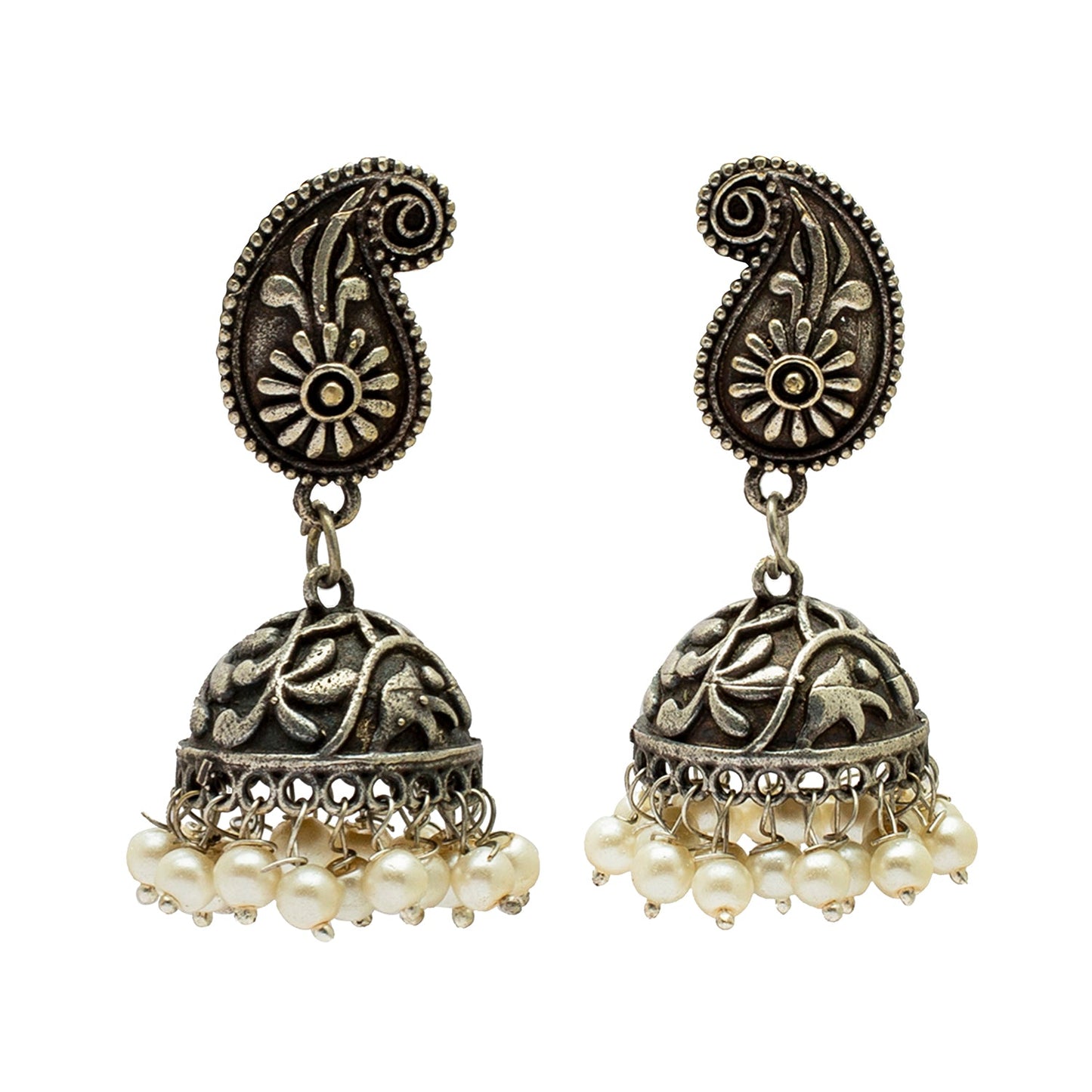 Shining Jewel Antique Silver Tribal Stylish Pearl Jhumka Earrings for Women (SJ_1986)