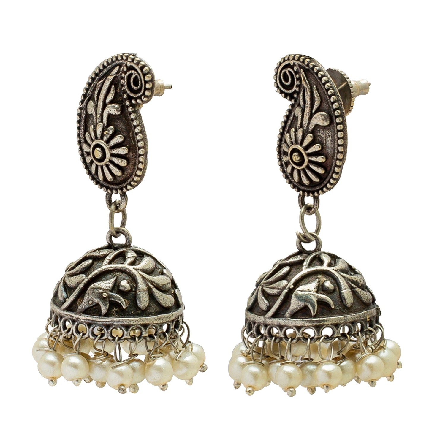 Shining Jewel Antique Silver Tribal Stylish Pearl Jhumka Earrings for Women (SJ_1986)