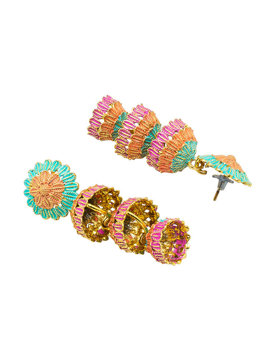 Shining Jewel Multicolor Gold Plated Three Layered Traditional Meenakari Kundan, Pearl Jhumka Earrings Women (SJ_1994)
