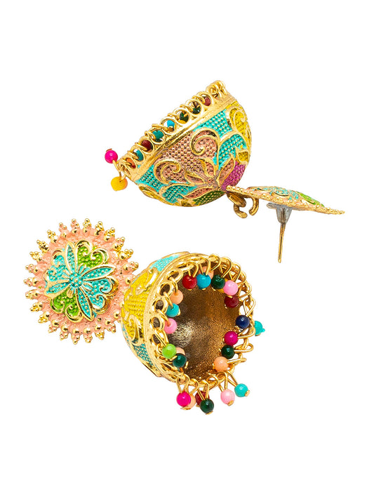 Shining Jewel Handcrafted Multicolor Gold Plated Traditional Meenakari Kundan, Pearl Large Size Jhumka Earrings Women (SJ_1995)