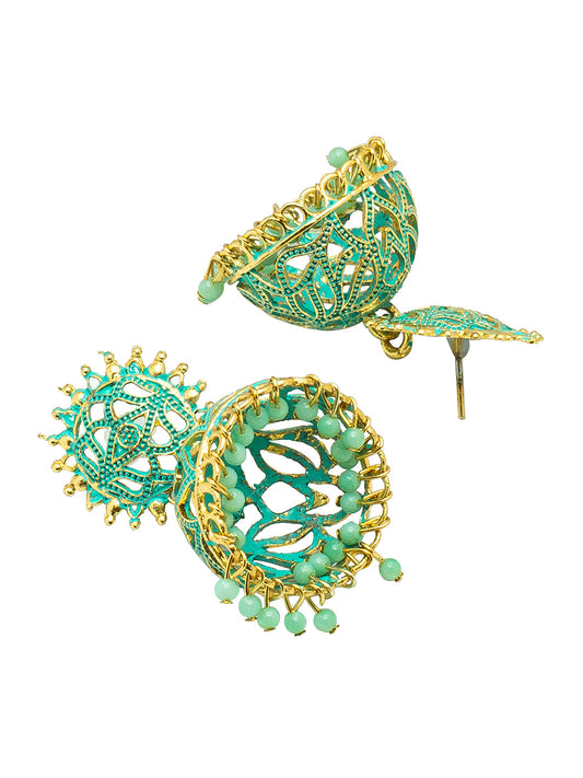 Shining Jewel Handcrafted Antique Gold Plated Traditional Meenakari,Pearl Large Size Jhumka Earrings Women (SJ_1996_AQ)
