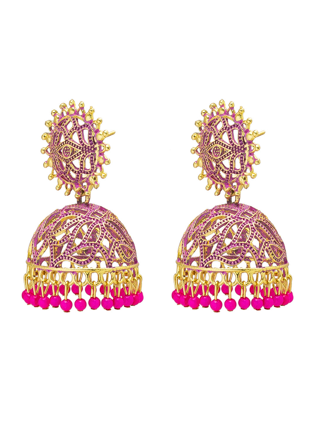 Shining Jewel Handcrafted Dark Pink Gold Plated Traditional Meenakari,Pearl Large Size Jhumka Earrings Women (SJ_1996_DP)