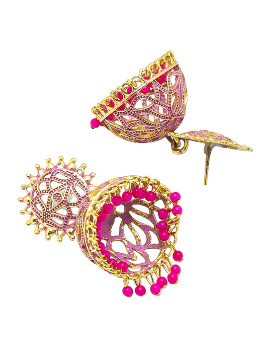 Shining Jewel Handcrafted Dark Pink Gold Plated Traditional Meenakari,Pearl Large Size Jhumka Earrings Women (SJ_1996_DP)