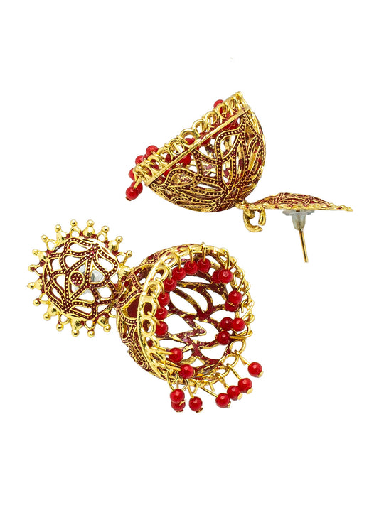 Shining Jewel Handcrafted Red Gold Plated Traditional Meenakari,Pearl Large Size Jhumka Earrings Women (SJ_1996_R)