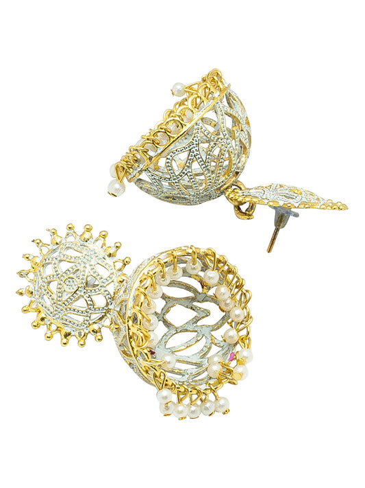Shining Jewel Handcrafted White Gold Plated Traditional Meenakari,Pearl Large Size Jhumka Earrings Women (SJ_1996_W)