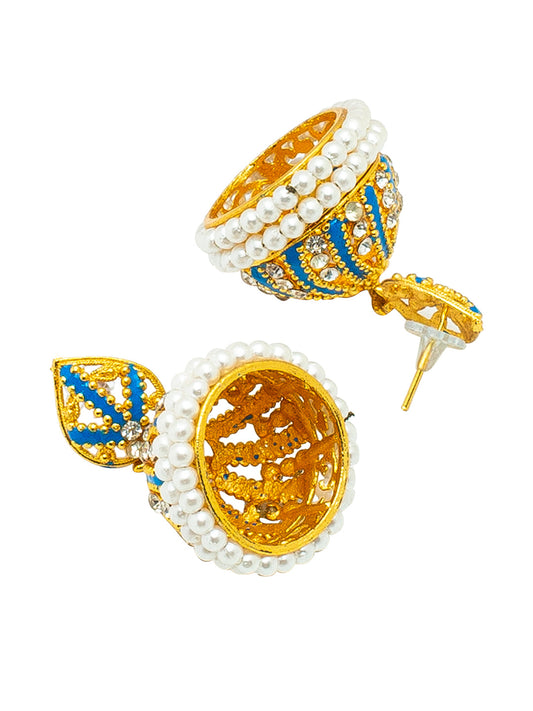 Shining Jewel Gold Plated Meenakari Traditional Ethnic Jhumka With Crystal ,CZ & Pearls Earrings for Women (SJ_1997_BL)