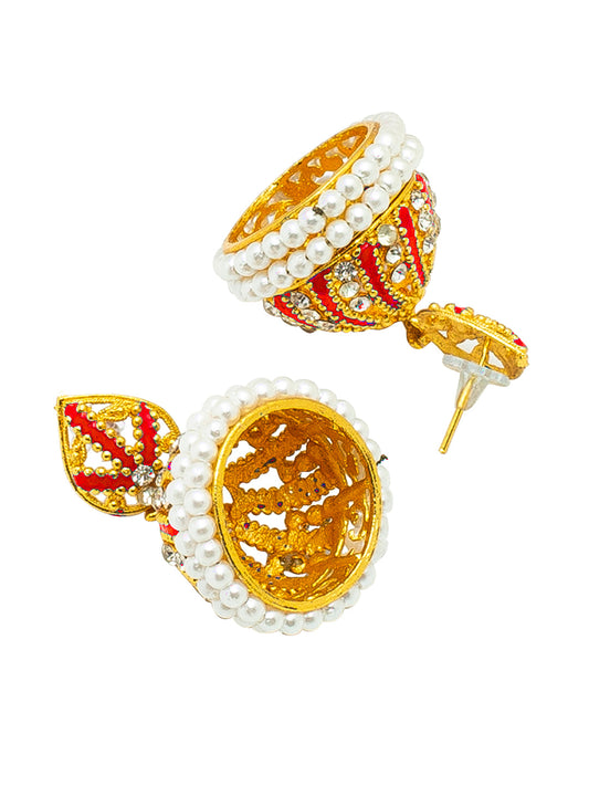 Shining Jewel Gold Plated Traditional Meenakari Ethnic Jhumka With Crystal ,CZ & Pearls Earrings for Women (SJ_1997_R)
