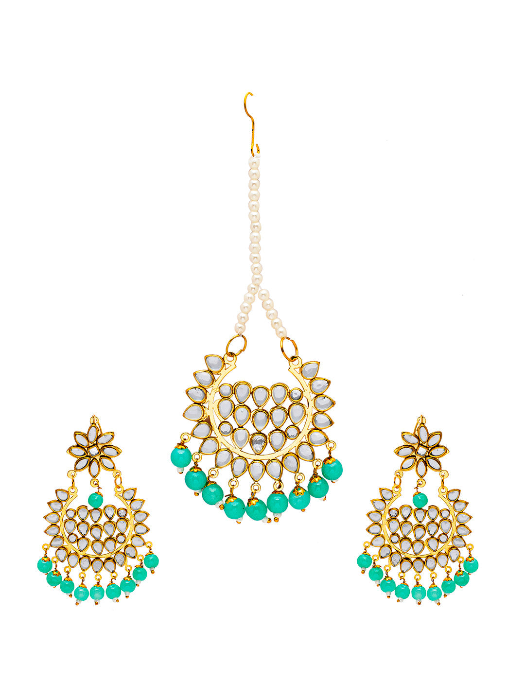 Shining Jewel Gold Plated Fashion Designer Traditional Kundan Chandbali Earring and Maang Tikka Combo Set for Women (SJ_1999_AQ)