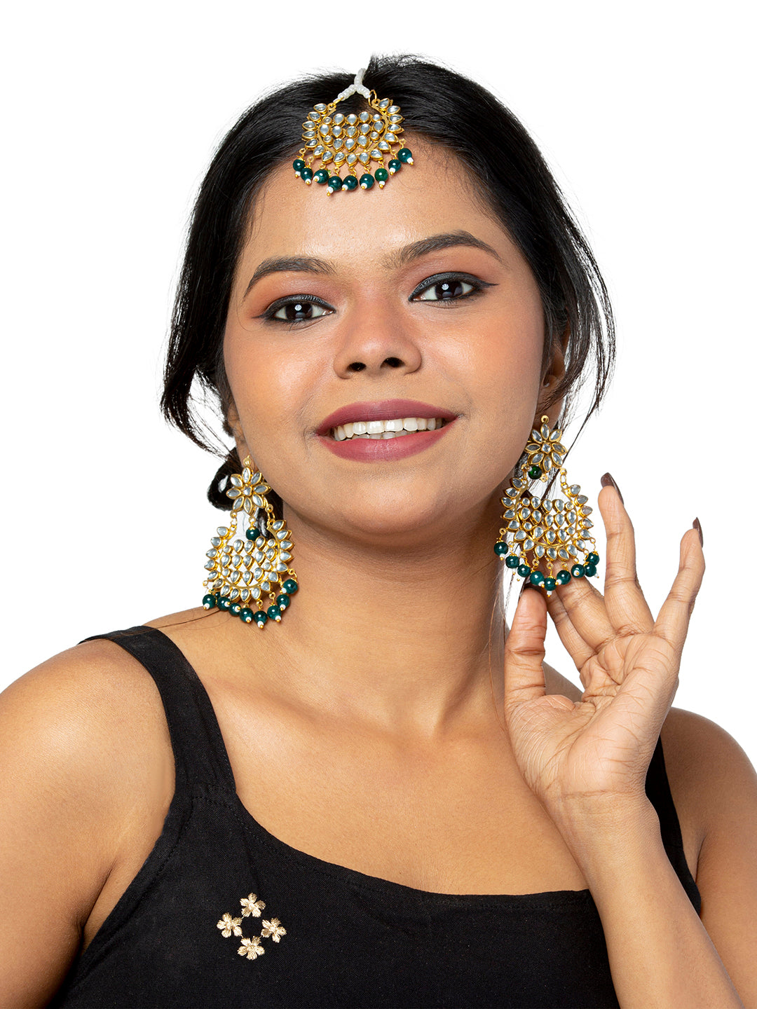 Shining Jewel Gold Plated Fashion Designer Traditional Kundan Chandbali Earring and Maang Tikka Combo Set for Women (SJ_1999_G)