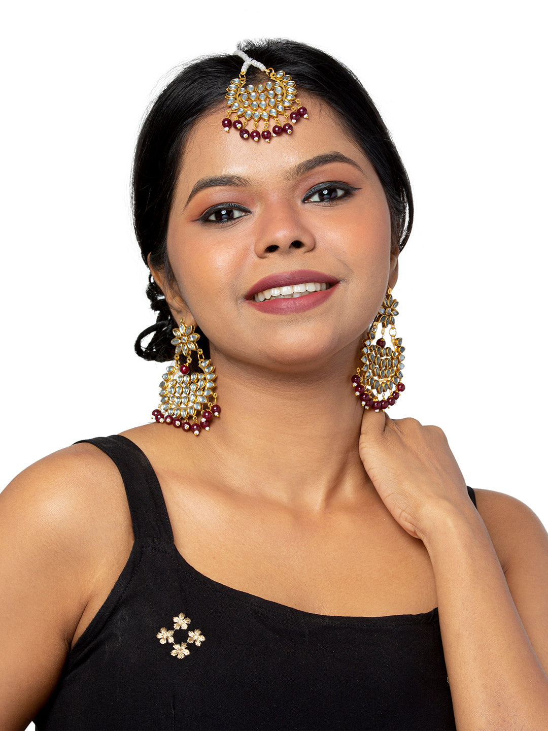 Shining Jewel Gold Plated Fashion Designer Traditional Kundan Chandbali Earring and Maang Tikka Combo Set for Women (SJ_1999_M)