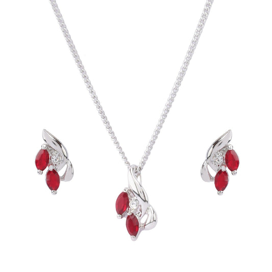 Siam Zirconia Rhodium Leaf Necklace Set (SJ_2009)