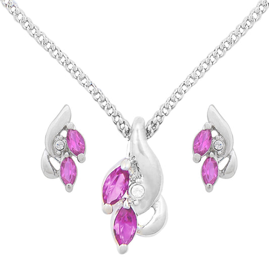 Ruby Zirconia Rhodium Leaf Necklace Set (SJ_2010)