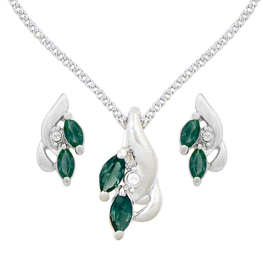 Emerald Zirconia Rhodium Leaf Necklace Set (SJ_2012)