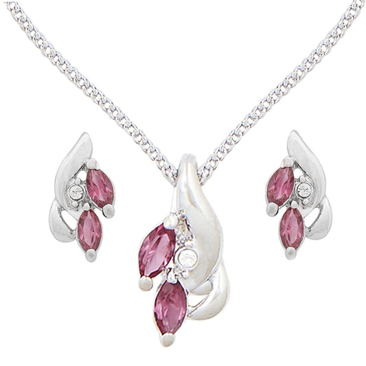 Lt Pink Zriconia Rhodium Leaf Necklace Set (SJ_2013)