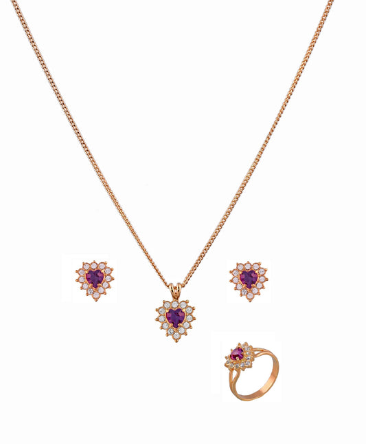 Amethyst Heart Shaped Zirconia Gold Plating Necklace Set With Finger Ring (SJ_2023)