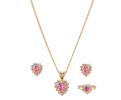 Light Pink Heart Shaped Zirconia Gold Plating Necklace Set With Finger Ring (SJ_2024)