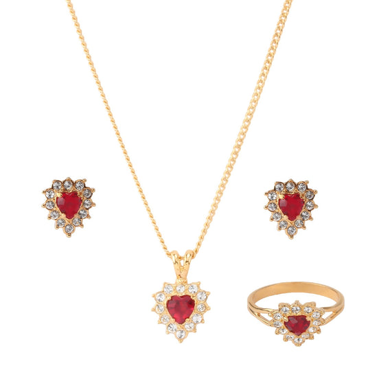 Maroon Heart Shaped Zirconia Gold Plating Necklace Set With Finger Ring (SJ_2025)