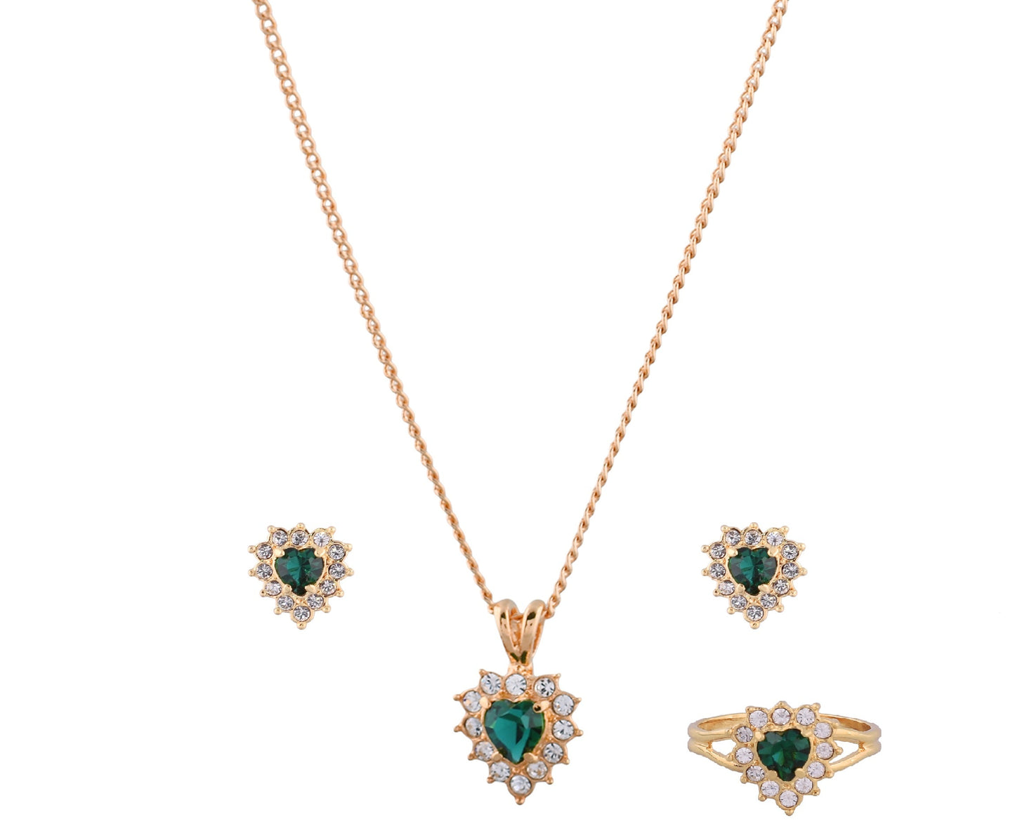 Emerald Heart Shaped Zirconia Gold Plating Necklace Set With Finger Ring (SJ_2026)