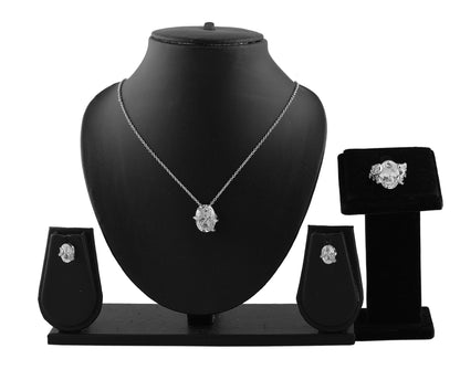 Oval Zirconia Rhodium Necklace Set With Finger Ring (SJ_2028)