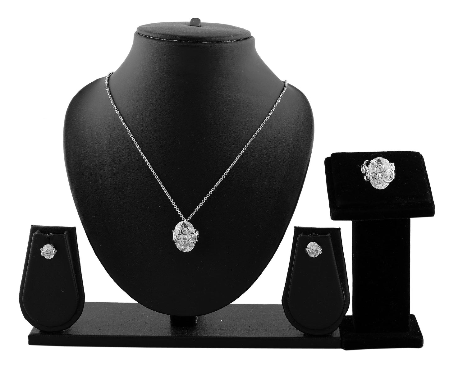 Metallic Oval Zirconia Rhodium Necklace Set With Finger Ring (SJ_2029)