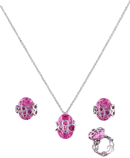 Rose Oval Zirconia Rhodium Necklace Set With Finger Ring (SJ_2031)