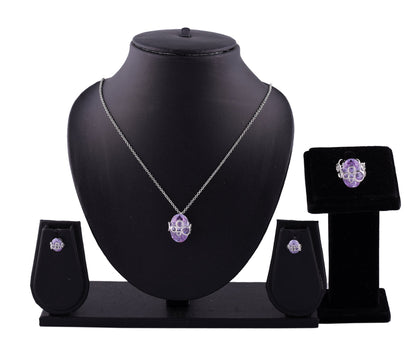 Purple Oval Zirconia Rhodium Necklace Set With Finger Ring (SJ_2032)