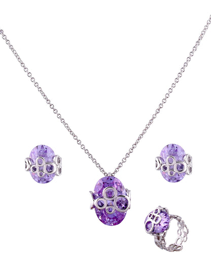 Purple Oval Zirconia Rhodium Necklace Set With Finger Ring (SJ_2032)