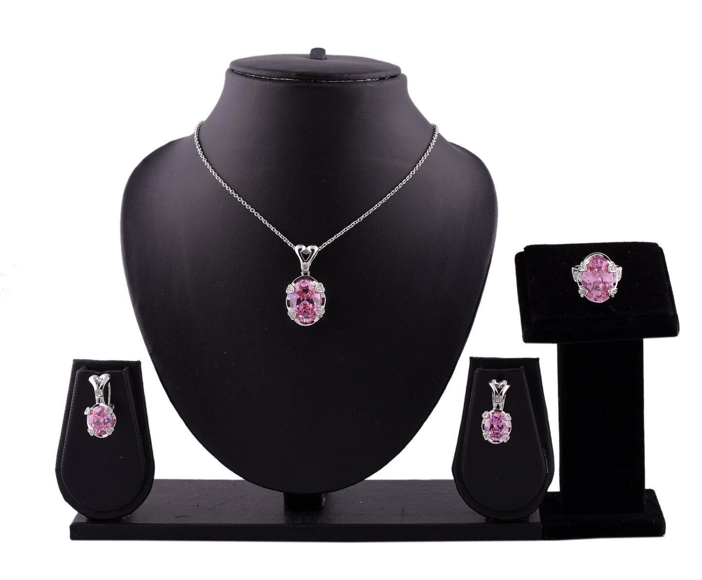 Pink Oval Zirconia Rhodium Pendant Set With Finger Ring (SJ_2033)