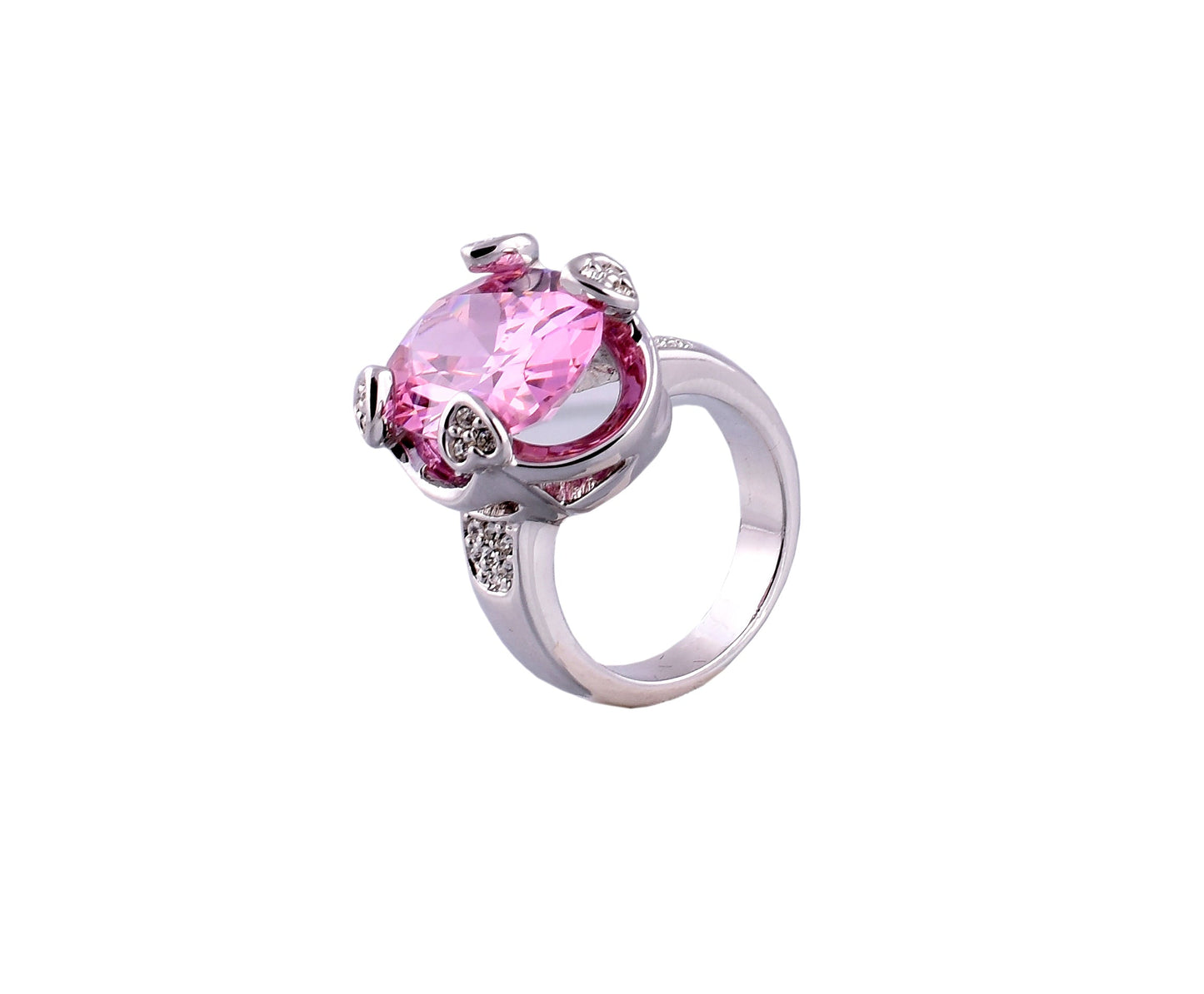 Pink Oval Zirconia Rhodium Pendant Set With Finger Ring (SJ_2033)