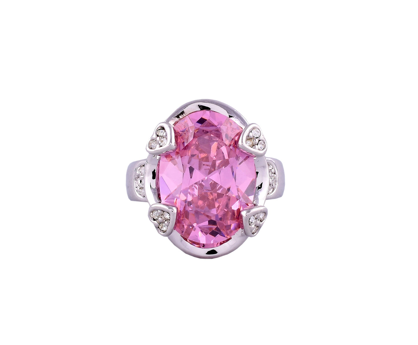 Pink Oval Zirconia Rhodium Pendant Set With Finger Ring (SJ_2033)