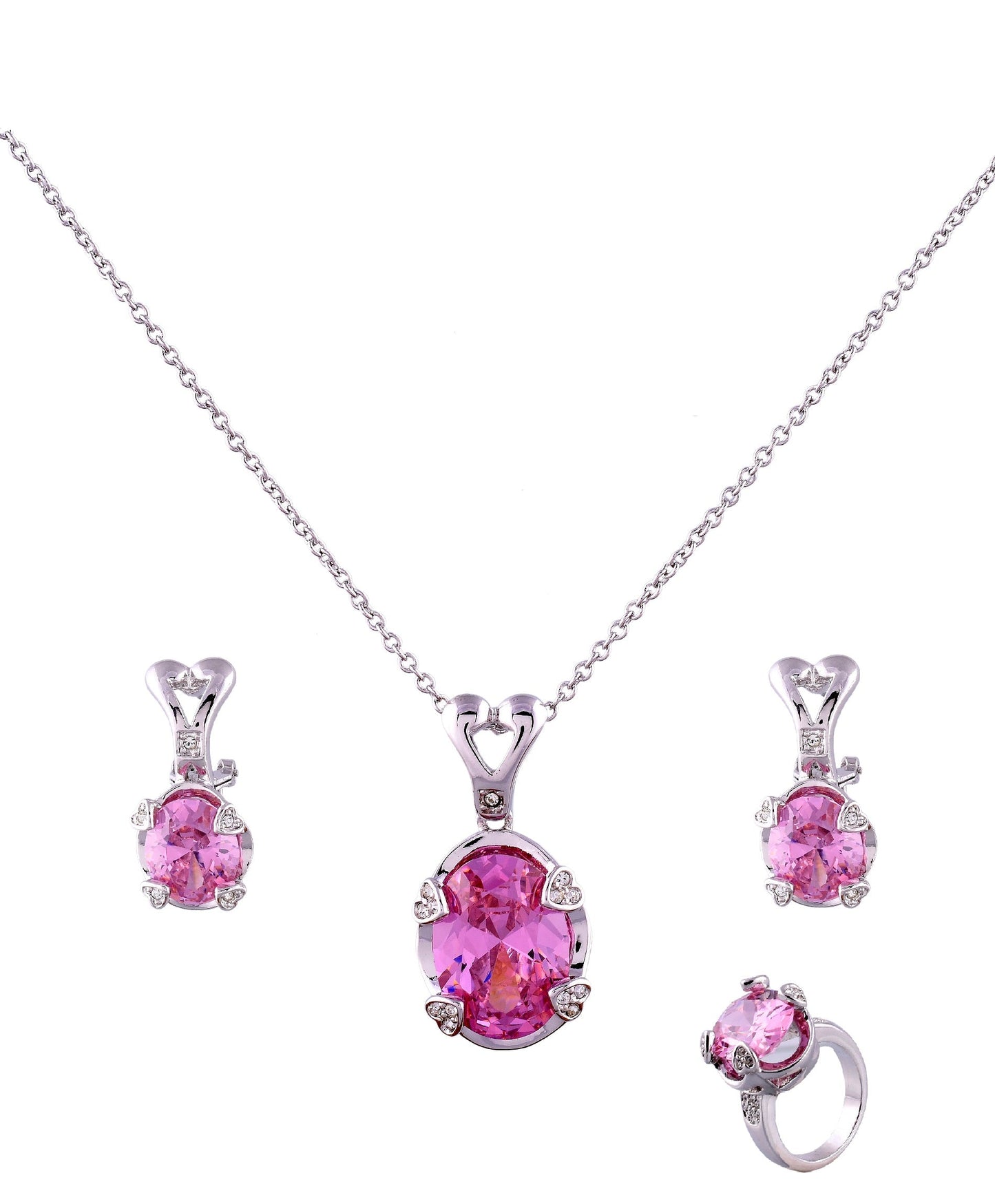 Pink Oval Zirconia Rhodium Pendant Set With Finger Ring (SJ_2033)