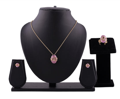 Rose Oval Zirconia Gold Plating Necklace Set With Finger Ring (SJ_2039)