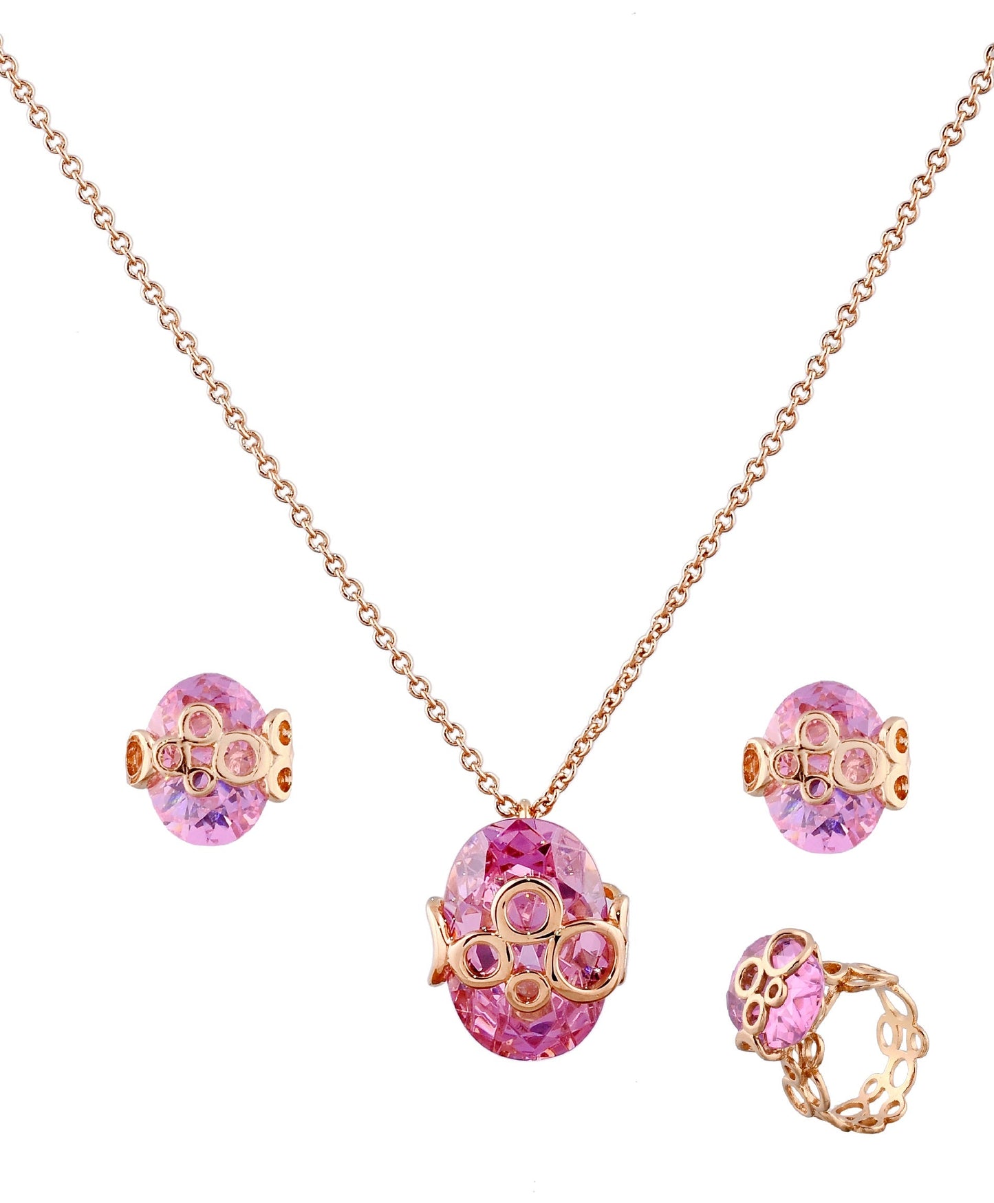 Rose Oval Zirconia Gold Plating Necklace Set With Finger Ring (SJ_2039)