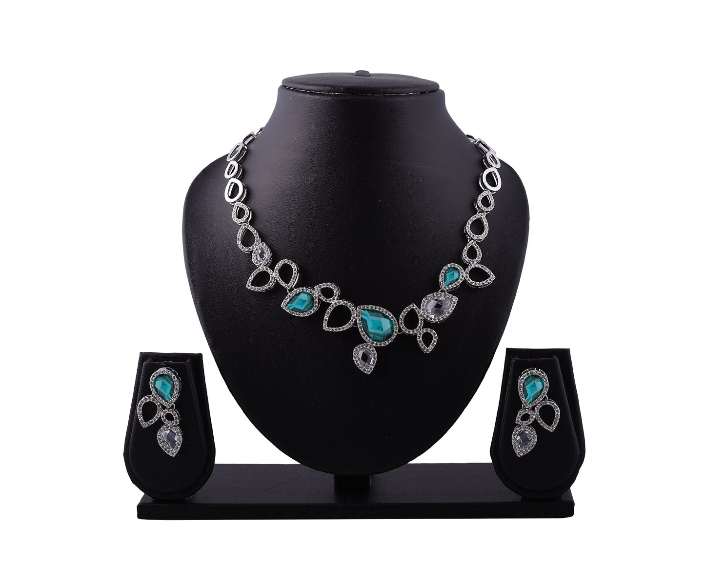 Royal Emerald Zironia Rhodium Necklace Set (SJ_2041)