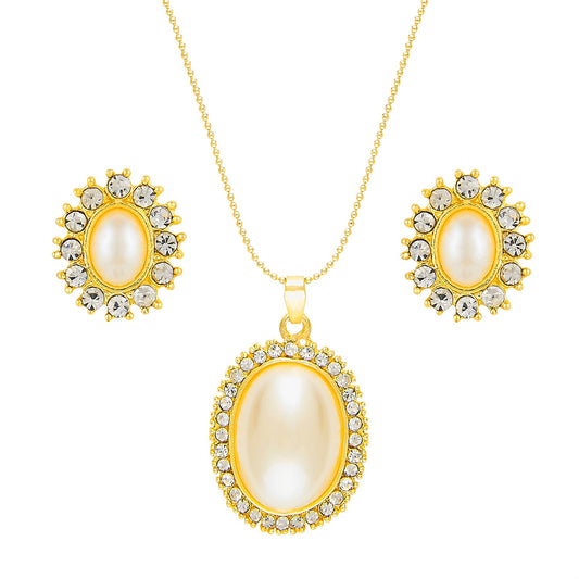 24k Gold Plating Pearl Oval Crystal Stylish Necklace Set With Matching Earring (SJ_2094)